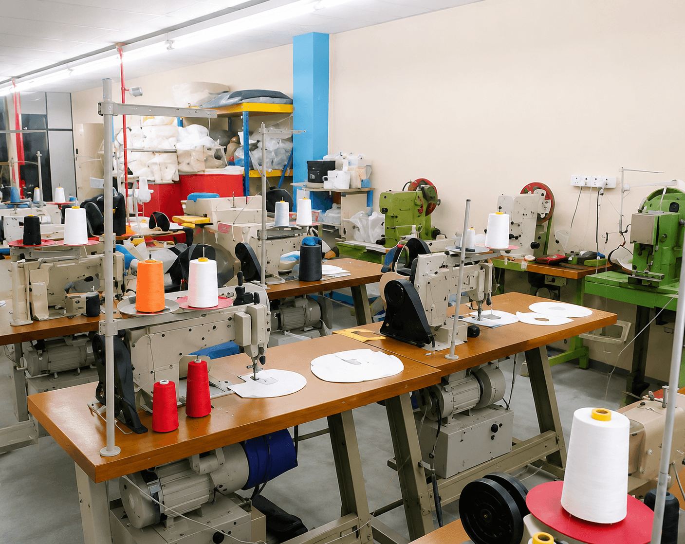 Mikacap workshop sewing area with industrial machines
