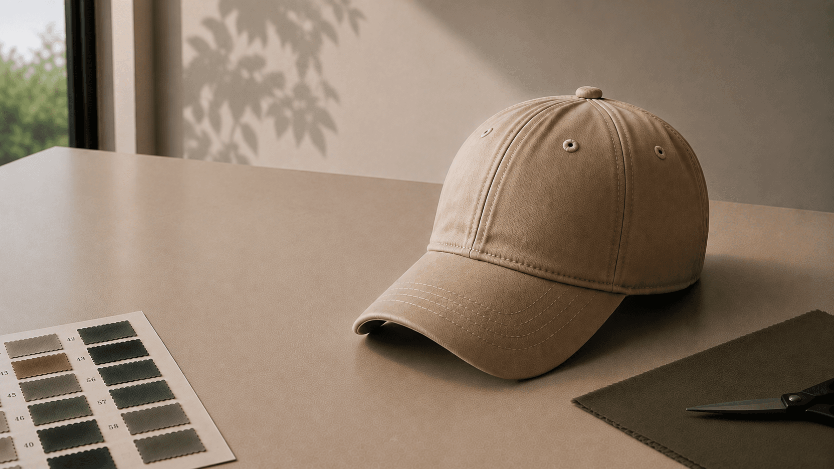 Custom beige cap beside fabric swatches and tailoring scissors